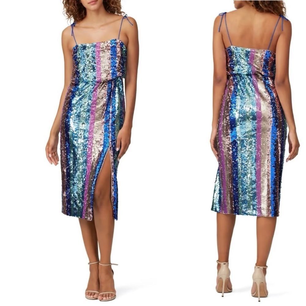 Aidan Mattox Sequin Sleeveless Striped Midi Cocktail Dress Size 2 Xs Side Slit